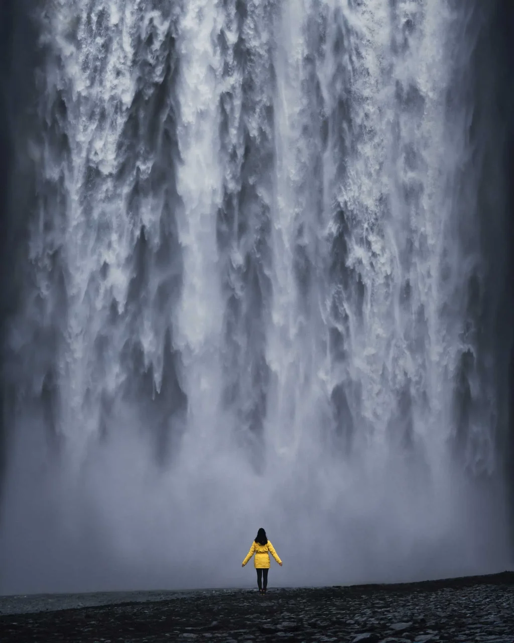 Skogafoss waterfall in Iceland with a women in yellow jacket in front